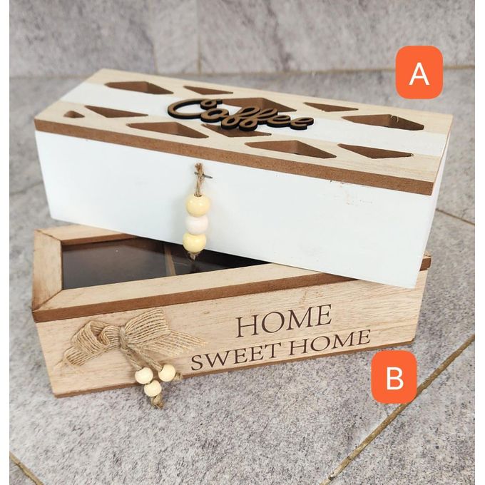 3 Compartment Wooden Tea Bag and Coffee Organizer Box with Stainless Steel Frame Lid for Kitchen, Office, and Home Storage – Multi-Purpose Eco-Friendly Wooden Storage Box for Tea, Coffee, and More