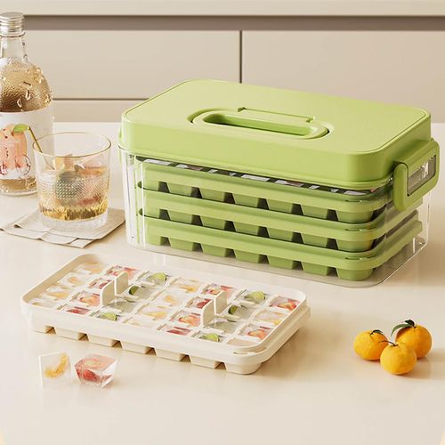 Ice Cube Trays with Lids, Scoop &amp; Ice Bucket 28/84 Pcs Portable Silicone Ice Cube Mold with Easy Pop Out Reusable Freezer Ice Box for Fridge (Green, 3 Layer(84 pcs))