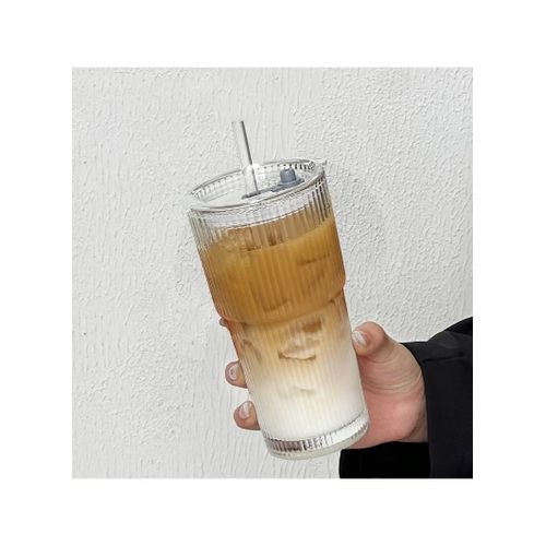 Flushrenic 20oz Coffee Cup,Ribbed Glass Tumblers with Lids &amp; Straws, for Ideal for Iced Coffee, Cappuccino And Tea - Includes Cleaning Brush