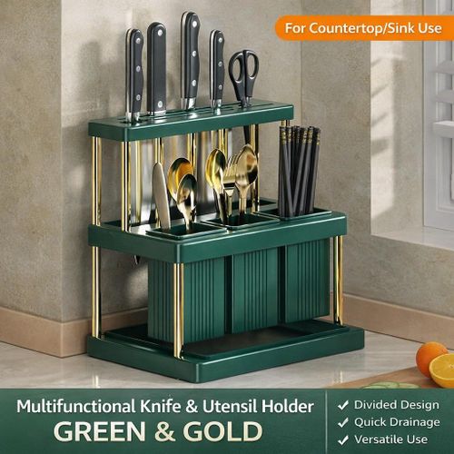 TIMBUTUS Multi-Function Kitchen Knife Holder – Cutlery Rack, Utensil Organizer &amp; Drainer