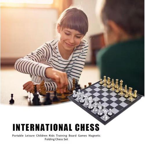 Folding Chess Board Set Gold Silver Travel Chess Board Game Sets Portable Beginner Chess Set Plastic for Children Adult Party