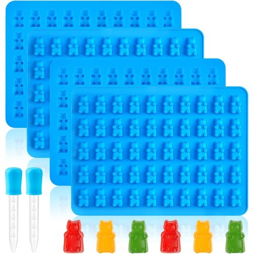 Gummy Bear Candy Molds Mini Size Silicone Molds For Hard Candy With 2 Droppers, Gummy, Caramels, Chocolate, Ganache, Ice Cubes, 4Packs, 200 Cavity