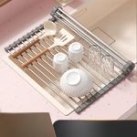 Foldable Kitchen Sink Drainage Storage Rack, Stainless Steel Storage Roll-Up Mat, Silicone Dish Rack for Sink (for Dishes and Chopsticks)