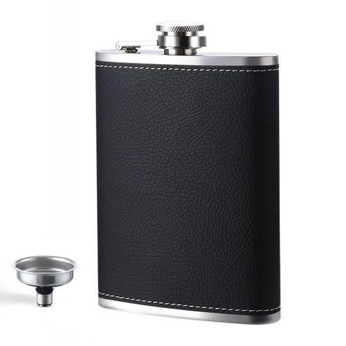 1 Pack Flask for Liquor and Funnel, Premium 8 Oz Leak Proof 18/8 Stainless Steel Pocket Hip Flask with Black Leather Cover, Great Gift Idea