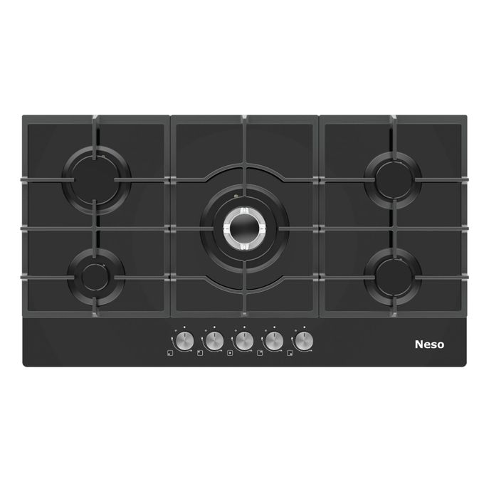Neso 90cm Built-In Gas Hob – 5 Burners, Black Tempered Glass, Automatic Ignition
