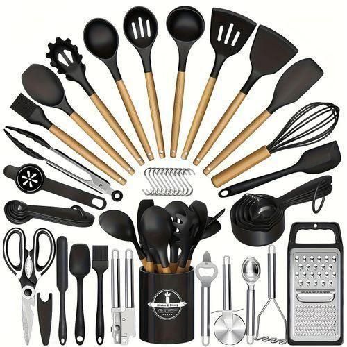 44pcs Ustensiles De Cuisine En Silicone Avec Manche En Bois, Spatules Antiadhésives