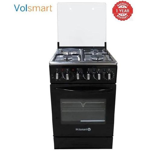 VOLSMART Standing Gas Cooker - 50*55, 3 Gas Jet Burners + 1 Hot Plate, Electric Oven - Black