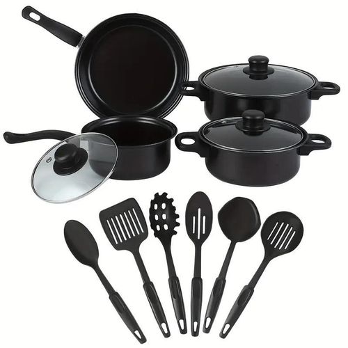 13-Piece Black Nonstick Cookware Set - Lightweight Stainless Steel Pots and Pans with Glass Lids