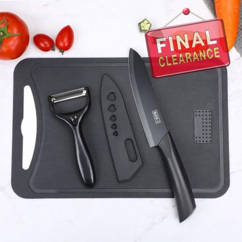 3-Piece Kitchen Knife Set - 1 Black Stainless Steel Knives with Sheaths, Cutting Board, and a Melon scraper- Stainless Steel Kitchen Knives with PP Ergonomic Handle (Black)
