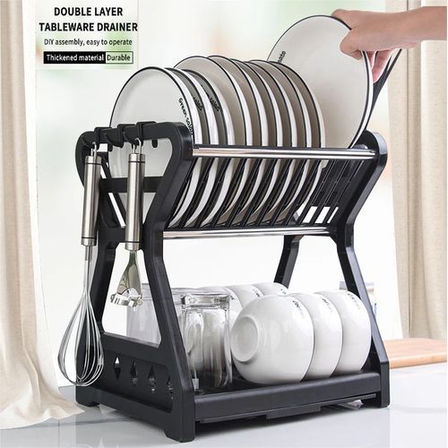 Double Kitchen Dishwasher,Plates Storage Shelf,Drainer-Black