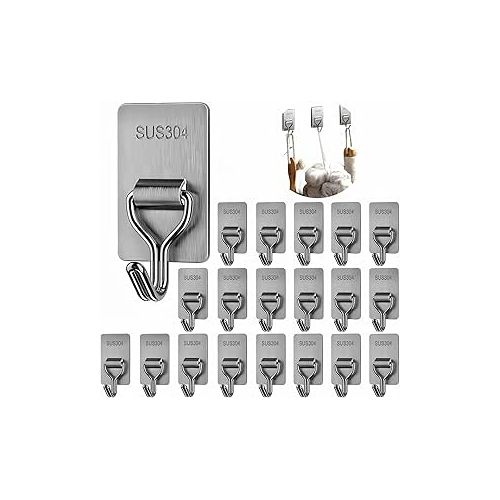 20pcs Stainless Steel Hooks - Adhesive Wall Hooks - Free 5pcs Nail-free Glue