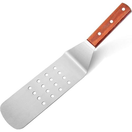 Stainless Steel Perforated Spatula - Wood Handle Flexible Grill Turner for Kitchen &amp; BBQ
