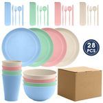 Nordic 4-color 28-piece set wheat straw plate bowl cup k-n-ife fork spoon chopsticks outdoor bowl and dish tableware set