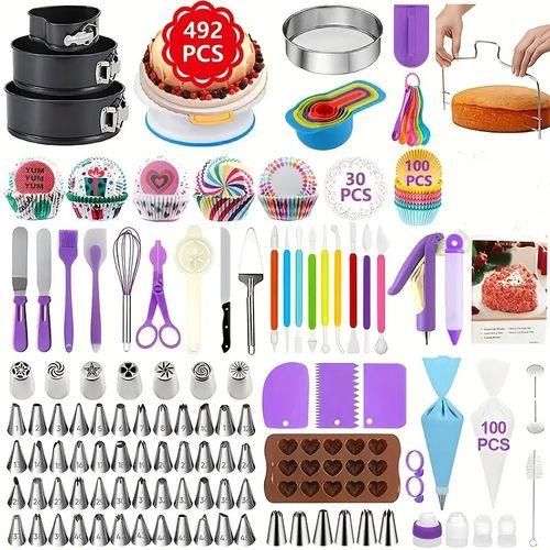 492-Piece Cake Decorating Set - Rotating Turntable, Reusable Piping Bag