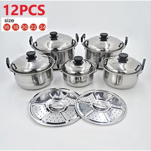 12 PCS Stainless Steel Cookware Set Cooking Pots With Lid And Steamer