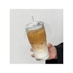 Flushrenic 20oz Coffee Cup,Ribbed Glass Tumblers with Lids &amp; Straws, for Ideal for Iced Coffee, Cappuccino And Tea - Includes Cleaning Brush