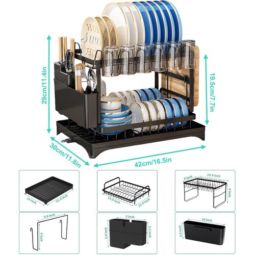 Kitchen countertop utensil drying rack, double-layer stainless steel drain with drainage board and utensil rack, used for large capacity storage of bowls/cups/bottles