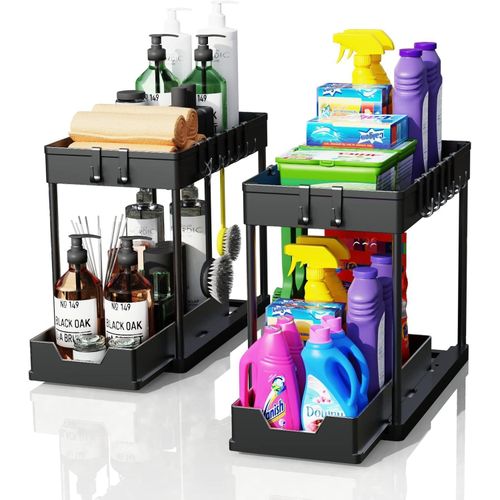 Under Sink Organizers and Storage, 2-Tier Sliding Cabinet Basket Organizer with Hooks, Multi-Purpose Under Sink Organizers and Storage for Bathroom Kitchen