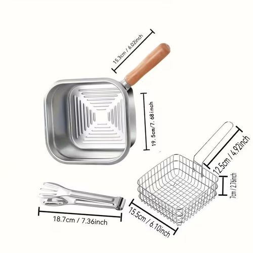 Set of 3 Stainless Steel Deep Fryers, Featuring a Japanese Square Pot Suitable for Milk, Noodles, And Tempura, with a Large Capacity, Designed for Home Stovetops And Portable for Outdoor Cooking