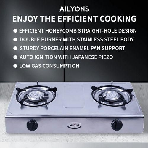 AILYONS GS017 Gas Cooker Double Burner Stainless Steel Table Top (1YR WRTY)