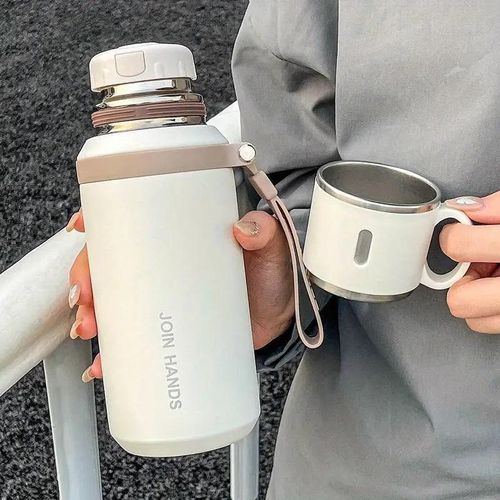 600ml Portable Outdoor Camping Travel Vacuum Insulated Mug, 316 Stainless Steel Insulated Mug, with Filter Lid - White