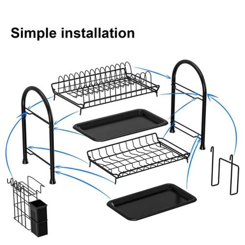 Double-Tier Dish Drainer, Kitchen Dish Storage Rack with Drain Tray - Black