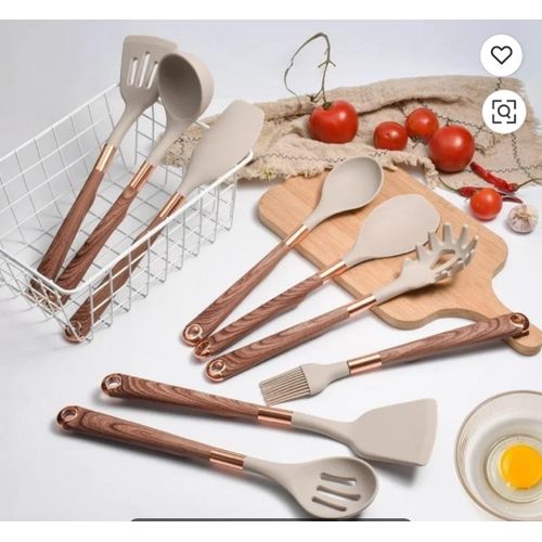 11 Piece Silicone Wood Grain Handle Non-stick Cooking Utensils Set With Storage Bucket