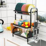 CYFAZA Dish Drying Rack, Metal 3-Tier Large Capacity Dish Rack with Utensil Holder, Cutting Board Holder, Draining Board Tray for Kitchen Counter Storage (Black)