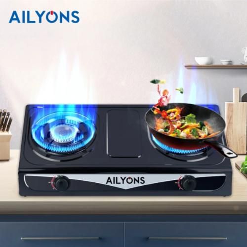 AILYONS GS013-3 Stainless Steel Double Burner Gas Cooker Table Top Gas Stove - Black (1YR WRTY)
