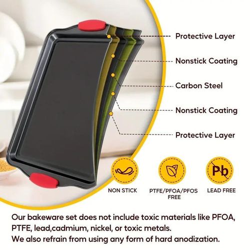 3-Piece Carbon Stainless Steel Non-Stick Oven Baking Pan with Red Silicone Handles