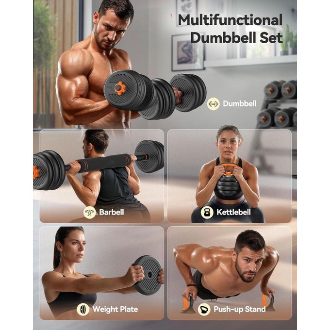 50kgs 6 In 1 Multifunctional Weight Dumbbell Set- Adjustable Dumbbells With Connector-Dumbbells, Barbell, Kettlebells, AB Roller, Push Up Stand, Weight Plate, Fitness Exercises And Strength Training  For Home Office Gym Suitable Men/Women