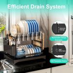 addigoes 2-Tier Iron Dish Drying Rack with Drip Tray &amp; Utensil Basket - Heavy Duty Kitchen Counter Organizer, Space-Saving (Black)