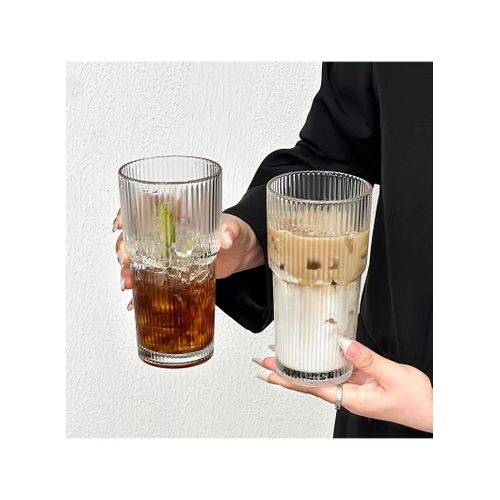 Flushrenic 20oz Coffee Cup,Ribbed Glass Tumblers with Lids &amp; Straws, for Ideal for Iced Coffee, Cappuccino And Tea - Includes Cleaning Brush
