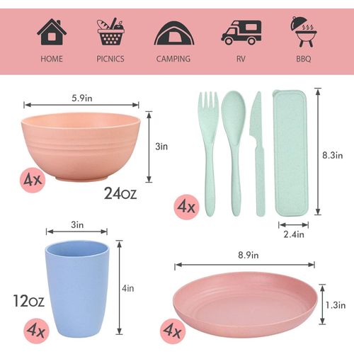 Nordic 4-color 28-piece set wheat straw plate bowl cup k-n-ife fork spoon chopsticks outdoor bowl and dish tableware set