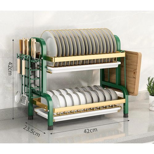 2 Tier Dish Drainer, Dish Drainer with Drain Board, Kitchen Cutlery Storage Rack - Green