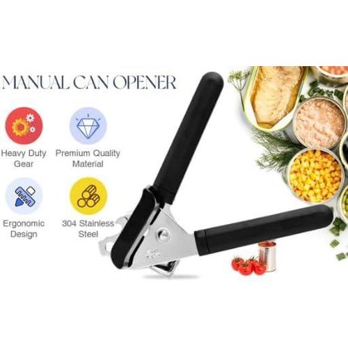 Manual Can Opener, Ergonomic Heavy Duty Design with Built-in Bottle Opener, Anti-Slip Handles, Smooth Edge Stainless Steel Cutter, Black