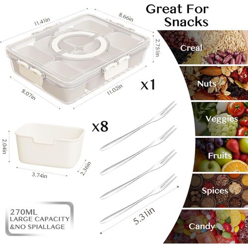 Snackle Box Container,Portable Snack Box 8 Compartment Divided Serving Tray with Lid with 4pcs forks