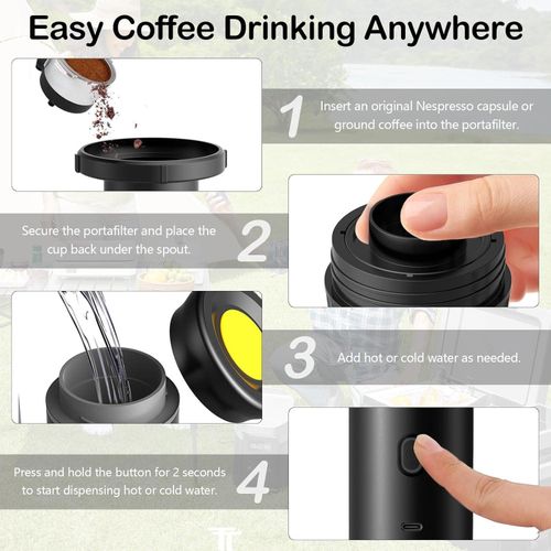 TodyJeyHo Machine Portable Expresso 3-en-1, Mini cafetière pour voyage, cafetière auto auto-chauffante avec USB-C, petite Machine Expresso