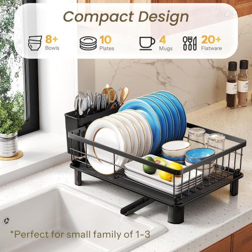 addigoes Iron Dish Rack with Extendable Drainboard &amp; Knife Holder - Space Saving Counter Drying Rack with Utensil Holder and Knife Slots (Black)