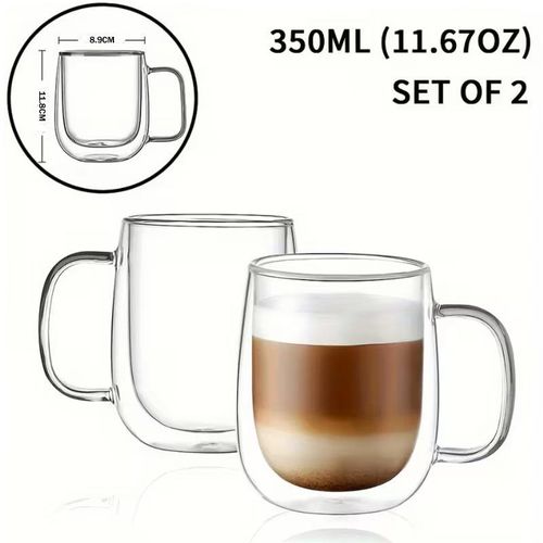 KnMn 2PCS 350ML 12OZ Double-Walled Insulated Glass Coffee Mugs with Handles