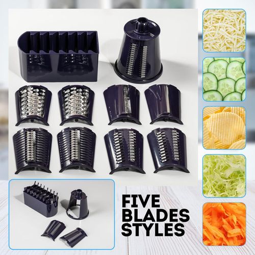 TodyJeyHo 5-in-1 Rotary Cheese Grater with Handle – Stainless Steel Blades, Vegetable Slicer &amp; Shredder, Nut Grinder, Carrot &amp; Cabbage Grater, Easy-to-Clean Kitchen Tool (Purple)