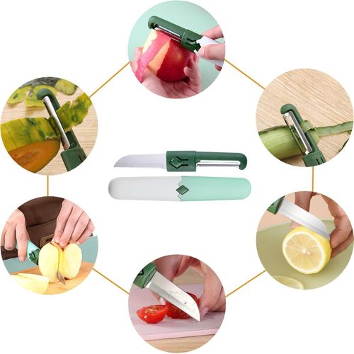 2 in 1 Paring Peeler Knife Multifunctional Stainless Steel Peeler,Creative Fruit and Vegetable Dual-Use Peeler Knife, Outdoor Portable Safety Cover Peeling Fruit Peeler, Kitchen gadgets (White Green)