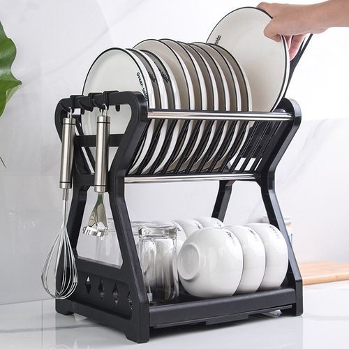Double Kitchen Dishwasher,Plates Storage Shelf,Drainer-Black
