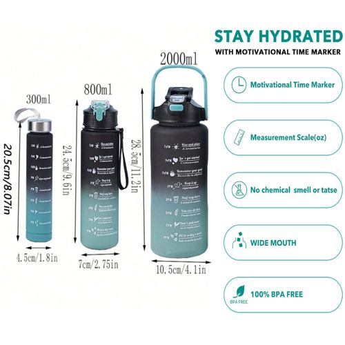3 Pcs Motivational Sports Bottle,2000ml/800ml/300ml, BPA-Free Sports Bottle