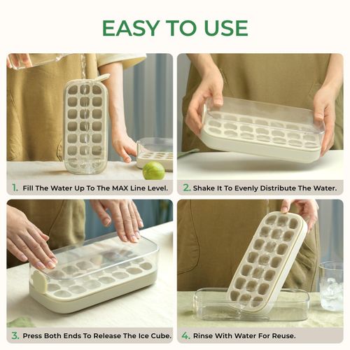 Ice Cube Tray with Lid and Bin 21 Pcs Quick-Fill Ice Cube Mold for Freezer Easy Press to Release White No-Touch Ice Cube Trays