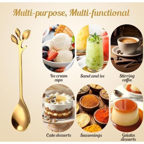 Set Of 4 Ceramic Tea Cups With Stand,Printed Coffee Mugs With Holder+Elegant Gold Leaf Coffee Spoons,Tableware Dessert Spoons,Espresso &amp; Dessert Tea Spoons  - 150 ML
