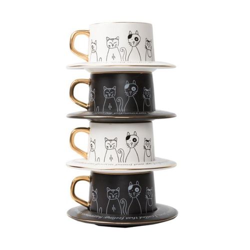 Luxury Artist Design Cat Cup and Plate Set with Spoon - Black