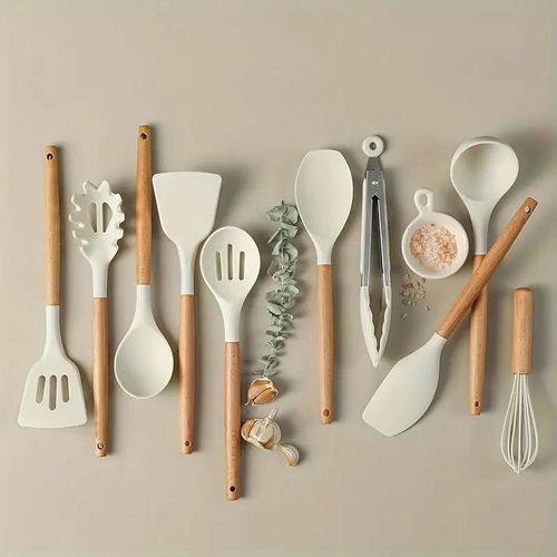 10-piece set of non-stick pans with wooden handles and silicone spatulas - khaki