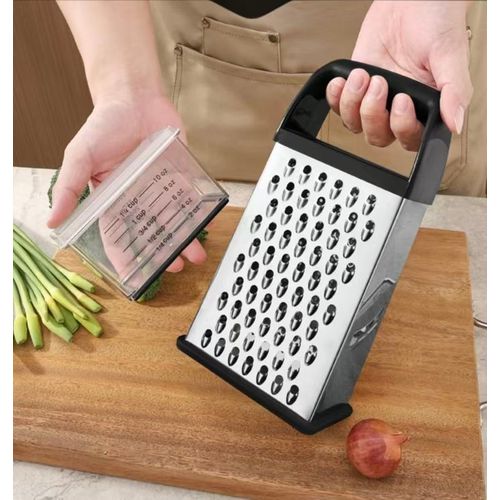 4-Sided Cheese Grater with Container – 100% BPA-Free Stainless Steel Box Grater, Parmesan Shredder, Vegetable Slicer, Slip-Resistant Handle, Dishwasher Safe Zester – Black