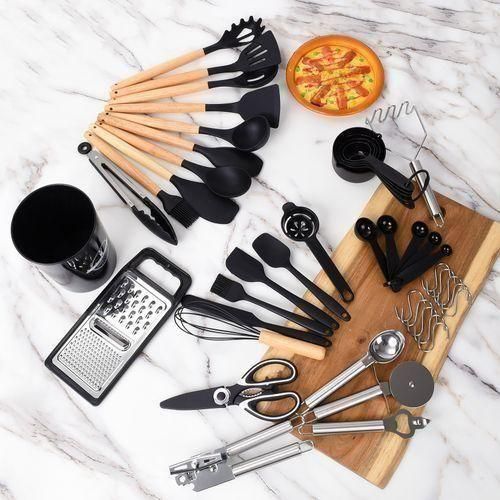 44pcs Ustensiles De Cuisine En Silicone Avec Manche En Bois, Spatules Antiadhésives